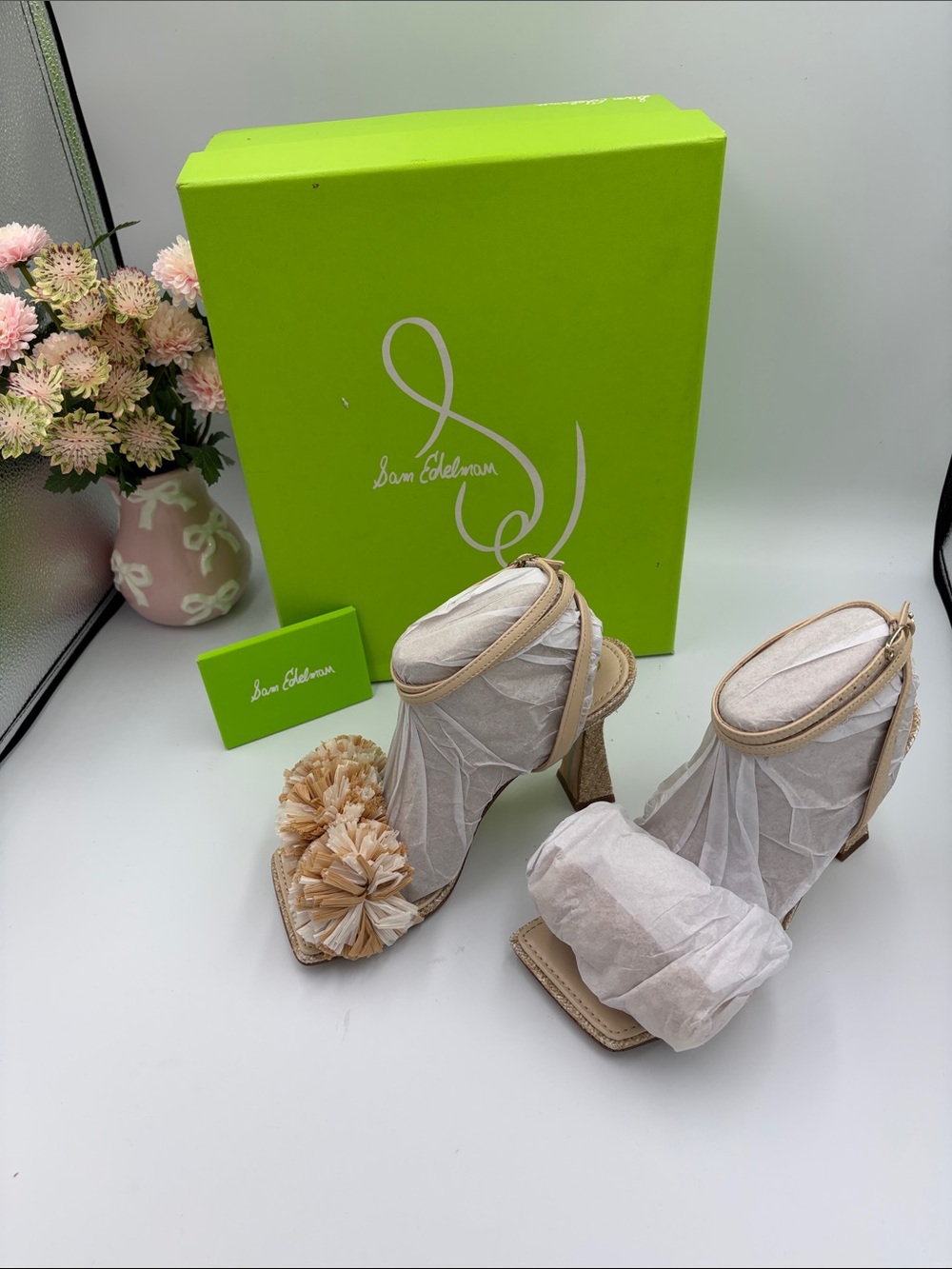 Sam Edelman Beige/Tan Pom-Pom Ankle Strap Heels